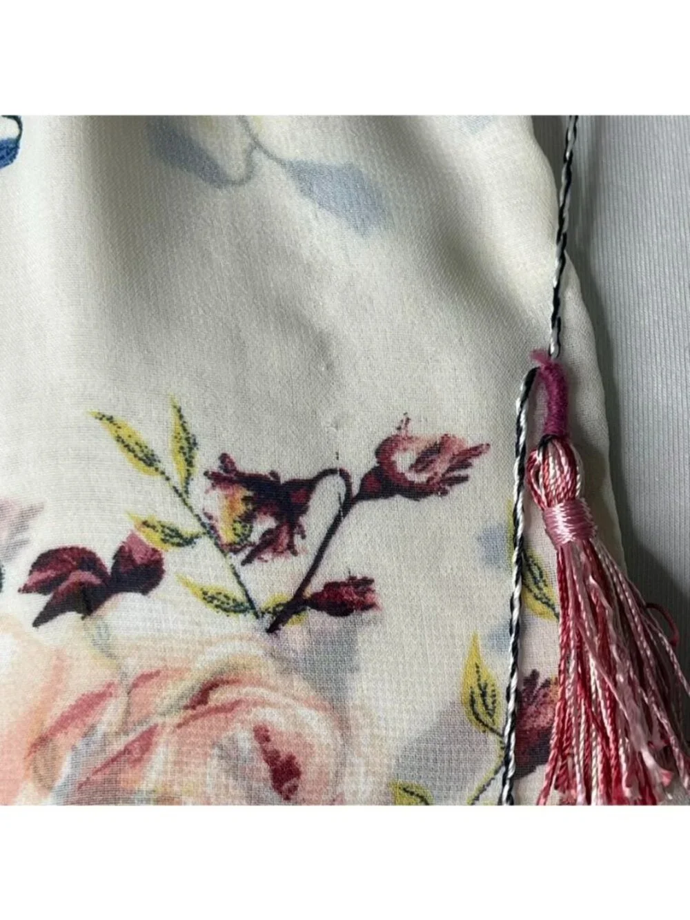 MISA Los Angeles Sia Floral Chiffon Ruffle Blouse XS Burgundy Cream Boho Tassel - Picture 6 of 12